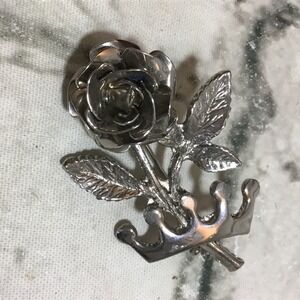 Rose Brooch Pin Single Long Stem Rose Crown Silver Toned